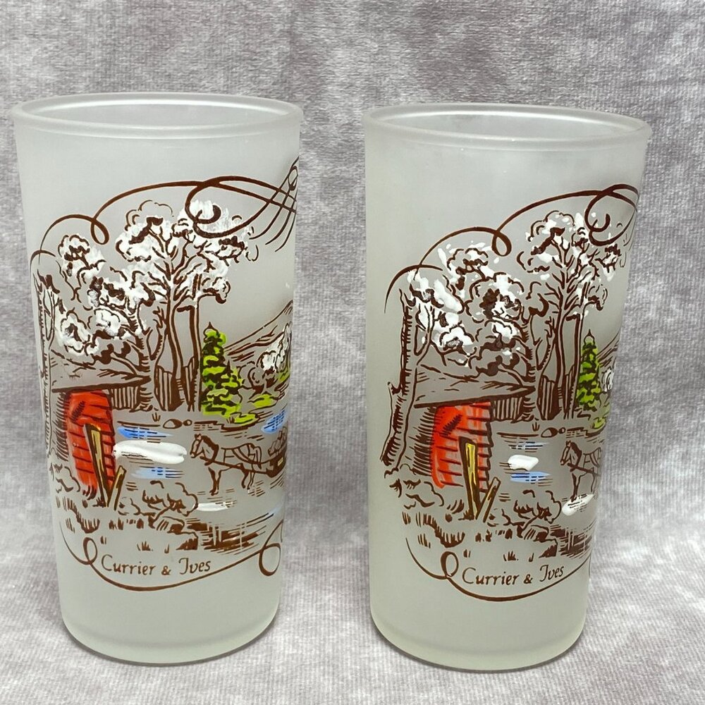 2 Vintage Hazel Atlas Currier & Ives Winter Scene Frosted Glass Tumblers